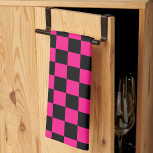 Checkered squares hot pink black geometric retro kitchen towel
