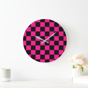 Checkered squares hot pink black geometric retro large clock