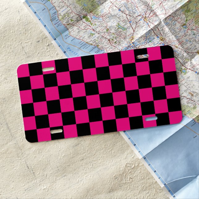 Checkered squares hot pink black geometric retro license plate (In Situ)
