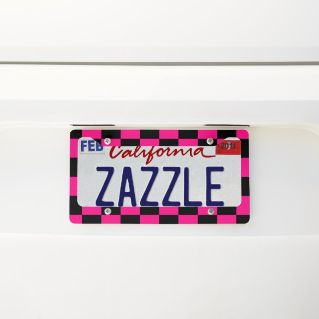 Checkered squares hot pink black geometric retro license plate frame (On Car)