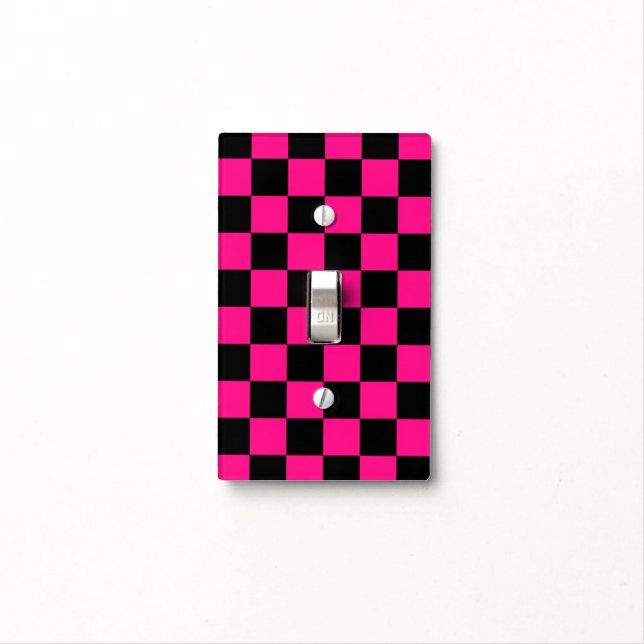 Checkered squares hot pink black geometric retro light switch cover (In Situ)