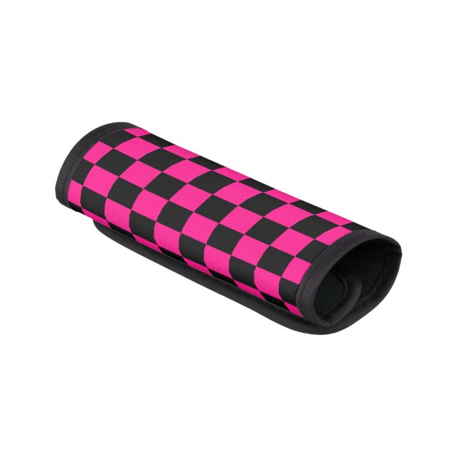 Checkered squares hot pink black geometric retro luggage handle wrap (Angled)