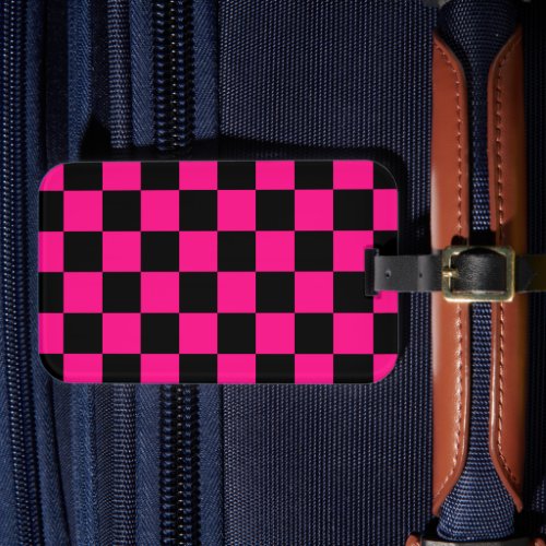 Checkered squares hot pink black geometric retro luggage tag