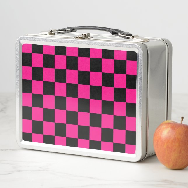 Checkered squares hot pink black geometric retro metal lunch box (In Situ)