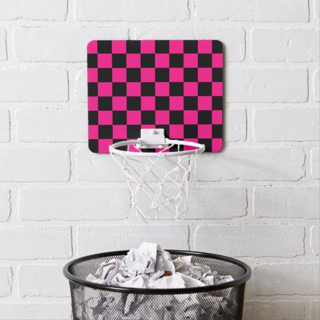 Checkered squares hot pink black geometric retro mini basketball hoop (In Situ)