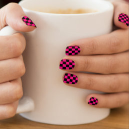 Checkered squares hot pink black geometric retro minx nail art