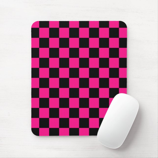 Checkered squares hot pink black geometric retro mouse pad (With Mouse)