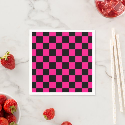 Checkered squares hot pink black geometric retro napkins