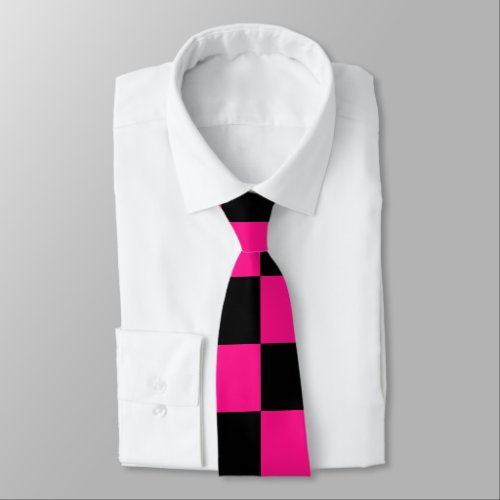 Checkered squares hot pink black geometric retro neck tie