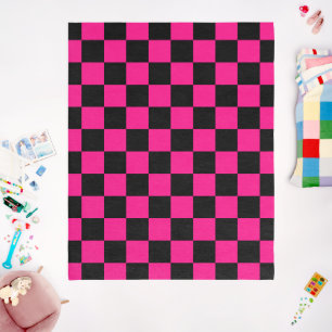 Checkered squares hot pink black geometric retro outdoor rug