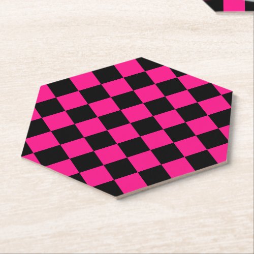 Checkered squares hot pink black geometric retro paper coaster