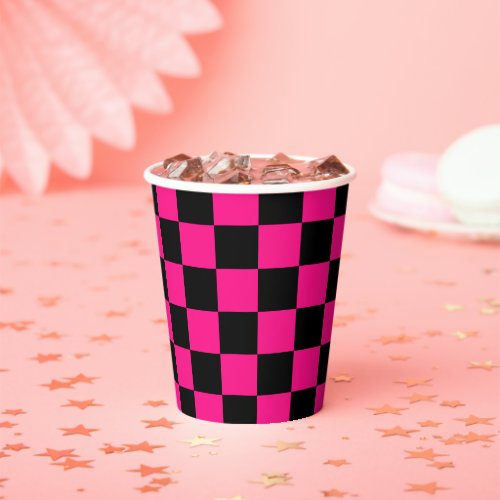 Checkered squares hot pink black geometric retro paper cups