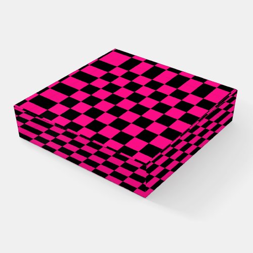 Checkered squares hot pink black geometric retro paperweight