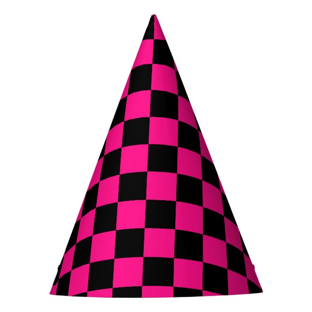 Checkered squares hot pink black geometric retro party hat (Front)