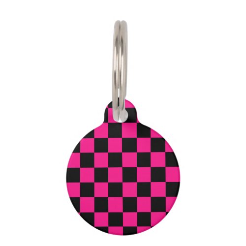 Checkered squares hot pink black geometric retro pet ID tag