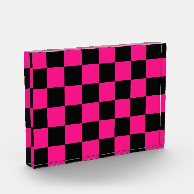 Checkered squares hot pink black geometric retro photo block (Left)