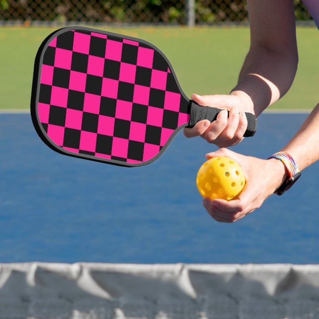 Checkered squares hot pink black geometric retro pickleball paddle (Insitu)