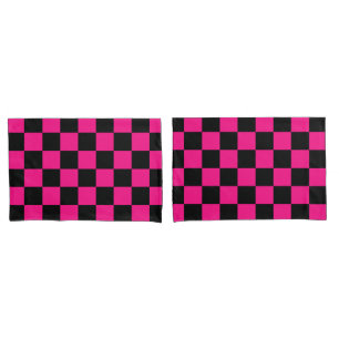 Checkered squares hot pink black geometric retro pillow case
