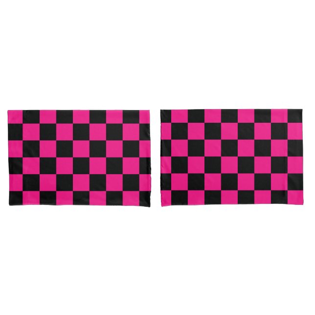 Checkered squares hot pink black geometric retro pillow case (Front-Set)