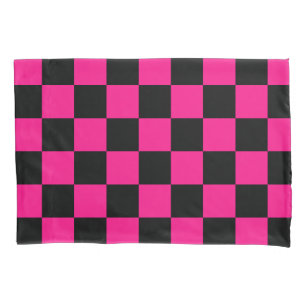 Checkered squares hot pink black geometric retro pillow case