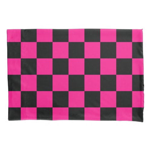 Checkered squares hot pink black geometric retro pillow case