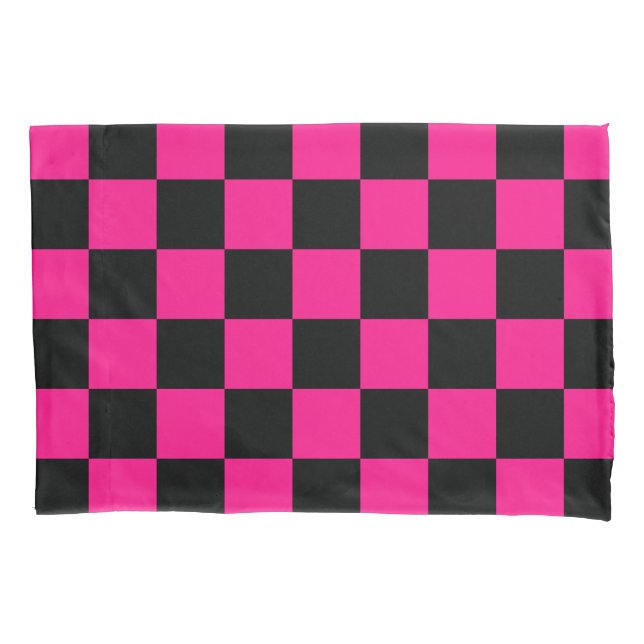 Checkered squares hot pink black geometric retro pillow case (Front)