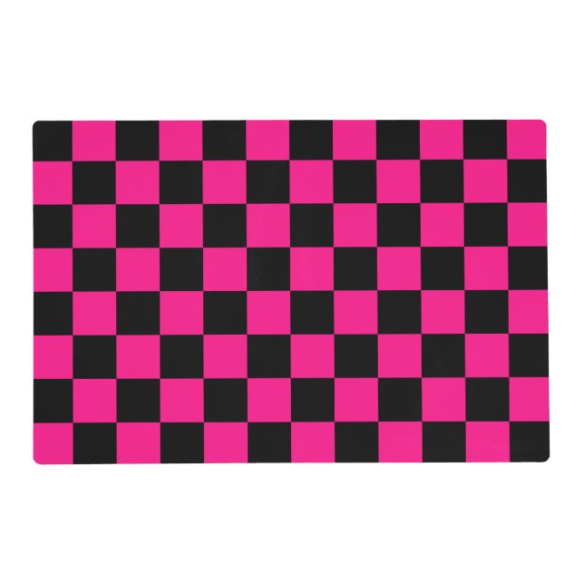 Checkered squares hot pink black geometric retro placemat (Front)