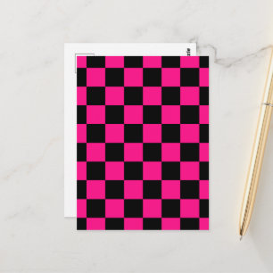 Checkered squares hot pink black geometric retro postcard