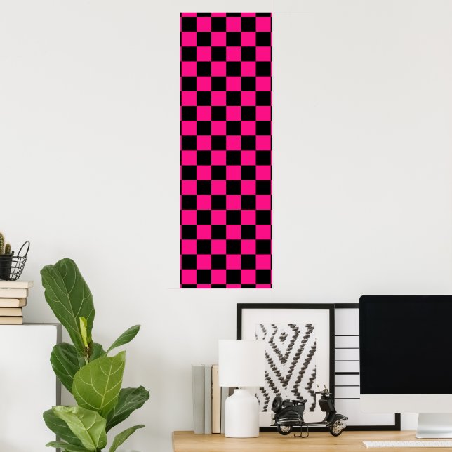 Checkered squares hot pink black geometric retro poster (Home Office)