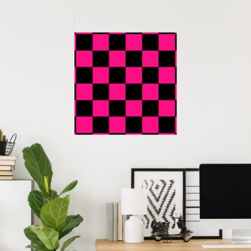 Checkered squares hot pink black geometric retro poster