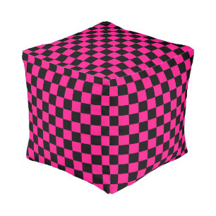 Checkered squares hot pink black geometric retro pouf