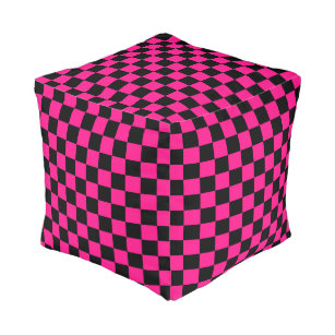 Checkered squares hot pink black geometric retro pouf