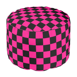 Checkered squares hot pink black geometric retro pouf