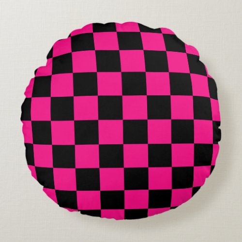Checkered squares hot pink black geometric retro round pillow