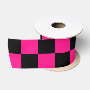 Checkered squares hot pink black geometric retro satin ribbon
