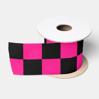 Checkered squares hot pink black geometric retro satin ribbon