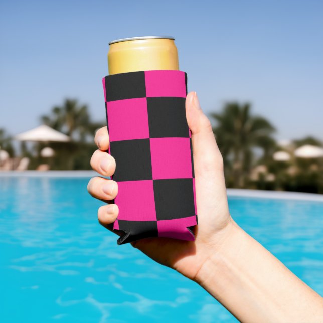 Checkered squares hot pink black geometric retro seltzer can cooler (In Situ Pool)