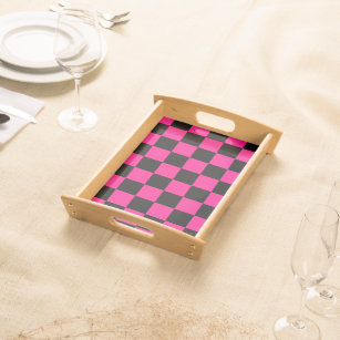 Checkered squares hot pink black geometric retro serving tray
