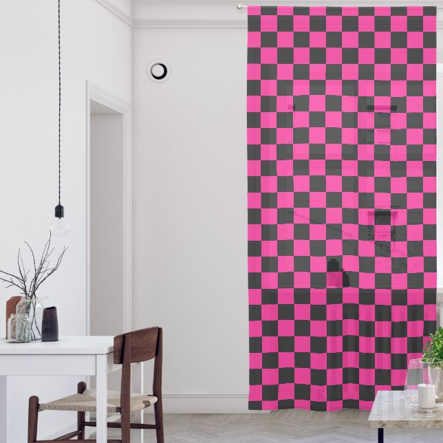 Checkered squares hot pink black geometric retro sheer curtains (Living Room)