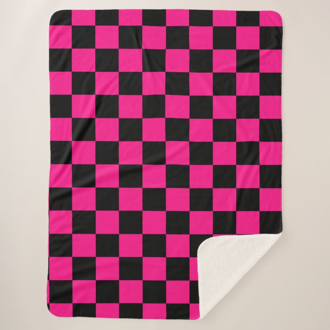Checkered squares hot pink black geometric retro sherpa blanket (Front)