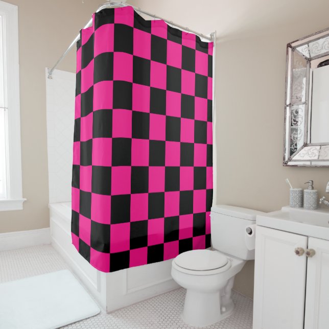 Checkered squares hot pink black geometric retro shower curtain (In Situ)