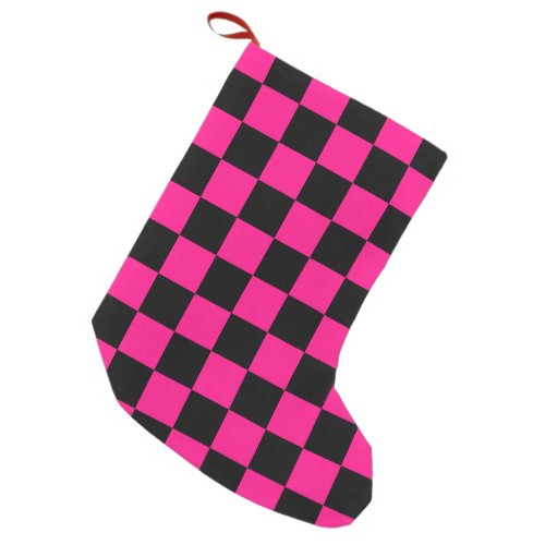 Checkered squares hot pink black geometric retro small christmas stocking