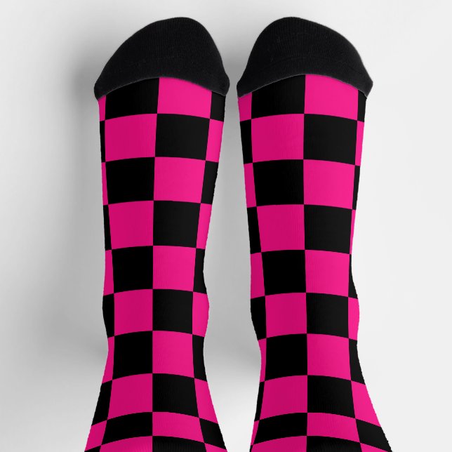 Checkered squares hot pink black geometric retro socks (Top)