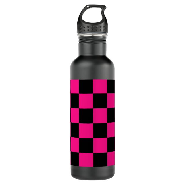 Checkered squares hot pink black geometric retro stainless steel water bottle (Front)