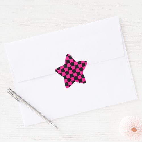 Checkered squares hot pink black geometric retro star sticker