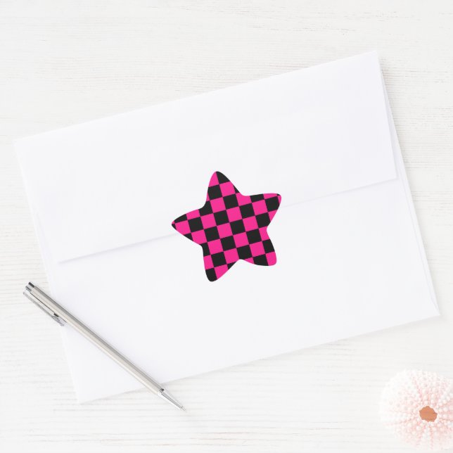 Checkered squares hot pink black geometric retro star sticker (Envelope)
