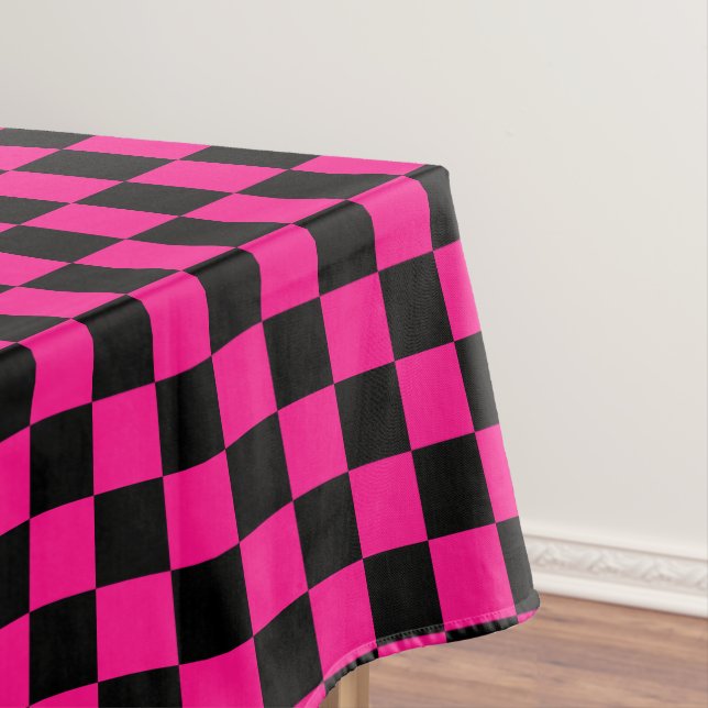 Checkered squares hot pink black geometric retro tablecloth (In Situ)