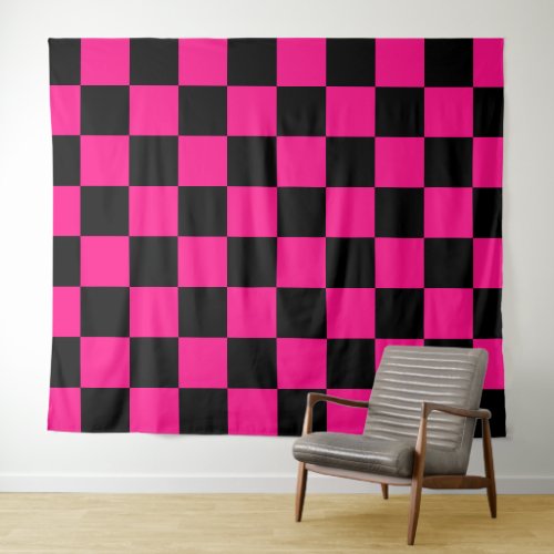 Checkered squares hot pink black geometric retro tapestry