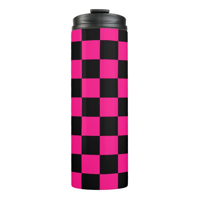 Checkered squares hot pink black geometric retro thermal tumbler (Front)