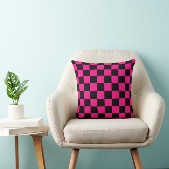 Checkered squares hot pink black geometric retro throw pillow (Chair)